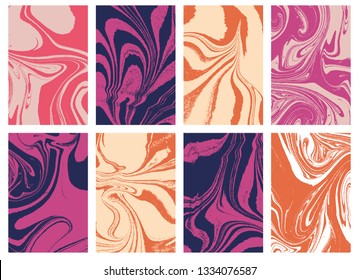 Set of liquid marble texture in color. Swirls and ripples of stone. Fluid art Ebru  template for design covers, fashion posters, business cards, presentation, invitation, makeup flyers. Vector.