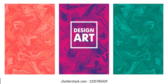 Set of liquid marble texture design, colorful marbling surface, vibrant abstract paint design, vector illustration.