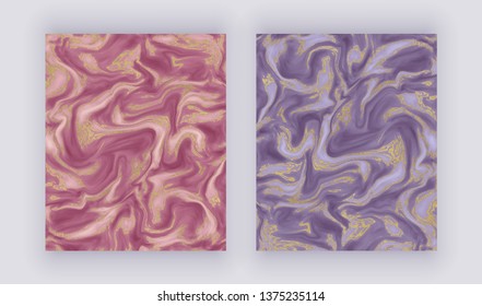 Set liquid marble texture. Red, purple with golden glitter ink painting abstract pattern. Trendy backgrounds for wallpaper, flyer, poster, card, invitations. Modern art.
