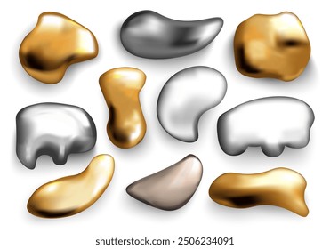 Conjunto de bolas de metal líquido en diseño de dibujos animados 3D. Plata, oro y otras Formas metálicas fluidas se representan en un estilo increíblemente realista. Ilustración vectorial.