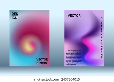 Set para líquido sobre fondo colorido. Patrón de malla brillante borrosa en tonos rosa, azul, verde. Vector de publicidad de moda en retro para libro, anual, interfaz móvil, aplicación web.