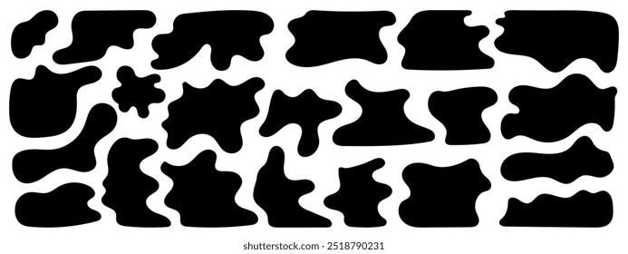 Conjunto de elementos de forma abstrata irregular preto orgânico líquido formando um design moderno.