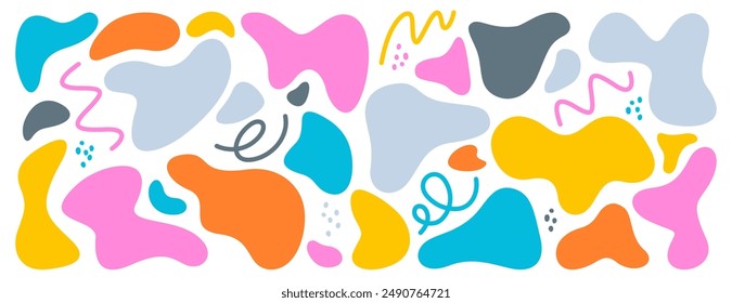 Set of liquid organic blob shape, irregular abstract blotch. Colorful simple freeform, asymmetric blot form graphic element. Random deformed figures, wavy uneven spots, fluid amoeba splodges and lines