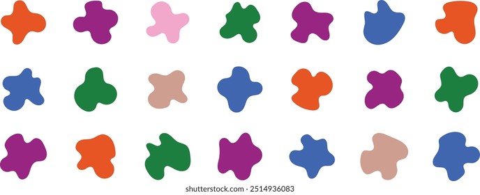 Set of liquid organic shapes, Colorful simple freeform, asymmetric blob. Abstract color shapes, liquid paint blob, spreading fluid ink blotch isolated illustration set.