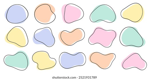 Conjunto de formas orgânicas líquidas. formas abstratas fluidas. formas de bolha de ameba. forma de mancha redonda irregular com linha de círculo de doodle. cores pastel. design para decorações vetor ilustração
