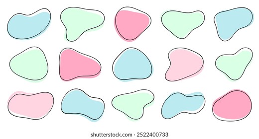 Set of liquid organic shapes. fluid abstract shapes. amoeba blob shapes. irregular round blot form with doodle circle line. pastel colors. design for decorations vector illustration