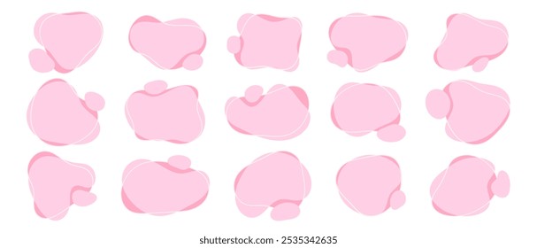 Set of liquid organic shapes. fluid abstract shapes. amoeba blob shapes. irregular round blot form with doodle circle line. pastel pink colors. design for decorations vector illustration