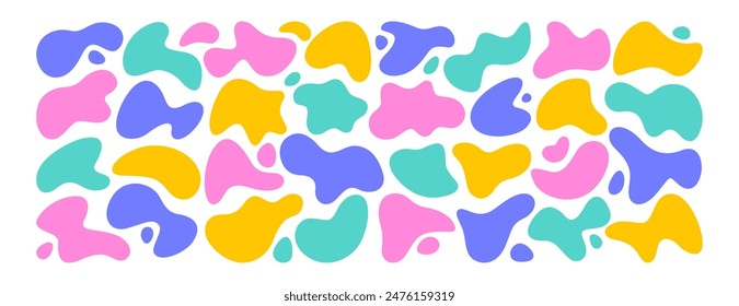 Set of liquid organic shapes, irregular form in vibrant colors. Colorful simple freeform, asymmetric blob. Random deformed abstract figures. Wavy spots or fluid amorphous splodges. Modern uneven blots