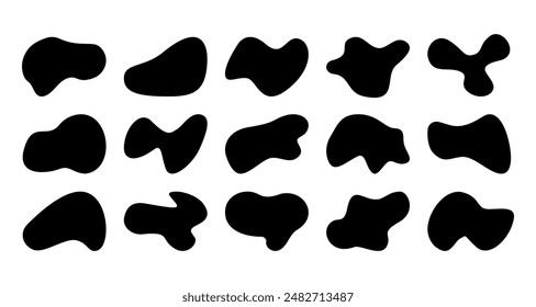 Set of liquid organic shapes, irregular form in vibrant colors. Simple freeform, asymmetric blob. Random deformed abstract figures. Wavy spots or fluid amorphous splodges. Modern uneven blots