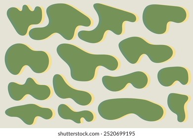 Set von flüssigen organischen Formen, unregelmäßige Form in lebendigen Farben. Farbige einfache Freeform, asymmetrischer Klecks. Zufällig deformierte abstrakte Figuren. Wellenförmige Flecken oder amorphe Flüssigkeitsplodges. Moderne unebene Flecken