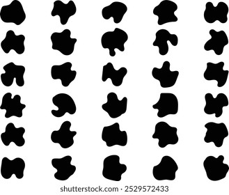 Set of liquid organic shapes, irregular form asymmetric blob. Random wavy spots or fluid amorphous splodges. Modern uneven blots.