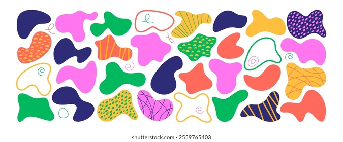 Set of liquid organic shapes, irregular form in vibrant colors. Colorful simple freeform, asymmetric blob. Random deformed abstract figures. Wavy spots or fluid amorphous splodges. Modern uneven blots