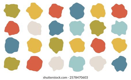 Set of liquid organic shapes, irregular form in vibrant colors. Colorful simple freeform, asymmetric blob. Random deformed abstract figures. Wavy spots or fluid amorphous splodges. Modern uneven blots