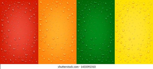 Set of liquid realistic 3d water drops on red, orange, yellow, green backgrounds. Realistic rain drops and droplets, vector illustration.