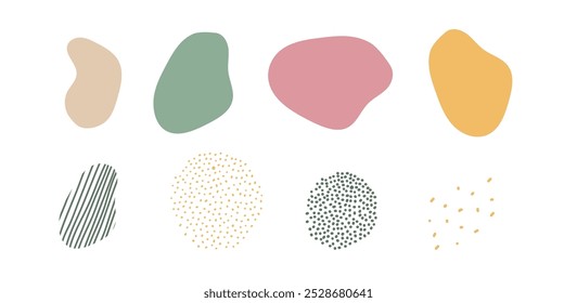 Conjunto de Formas líquidas, Elementos orgánicos abstractos con puntos, líneas. Diferentes colección de Formas de manchas. Burbujas de discurso en diferentes Formas y colores aislados sobre fondo blanco. Vector