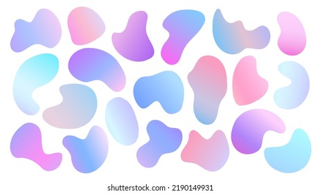 Set of liquid shapes. Color gradient blobs or splashes collection isolated on white background. Fluid dynamic elements for your creative graphic design. Vector illustration.