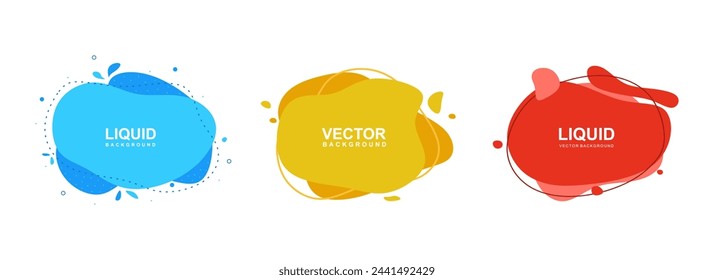 Conjunto de formas líquidas, elementos gráficos modernos para banner y póster. Formas fluidas dinámicas y líneas con espacio para texto. Varios banners en color azul, amarillo y rojo. Ilustración de vector 