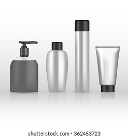 Set liquid soap, shower gel, hairspray and cream in a tube. Vector objects for your design.