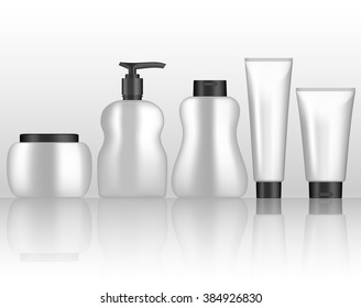 Set liquid soap, shower gel, hairspray and cream in a tube, hand cream, the cream of the bank. Vector objects for your design.