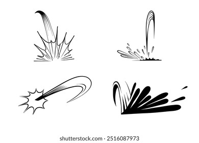 Conjunto de salpicaduras de líquidos, Clipart, Imagen de Vector, fluir, tendencia, redes sociales, cómics, material para animación 2D, acción. Bebidas y café.