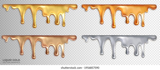 A set of liquid sticky gold, rose gold, silver and bronze. Drops of precious metals. Realistic 3d vector design