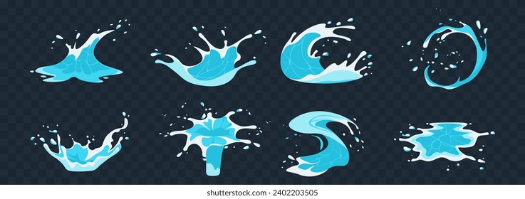 Set of Liquid water splashes. Icons with blue drops of water or liquid in motion. Splashes, whirlpools and puddles. Sea waves. Cartoon flat vector illustrations isolated on transparent background