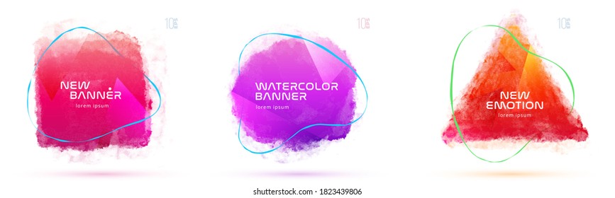 Set of liquid watercolor abstract geometric shapes. Fluid gradient elements for minimal banner, logo, social post. Futuristic trendy dynamic elements. Abstract background. Eps10 vector.