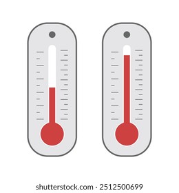 Conjunto de termômetros de líquido em vidro com diferentes níveis de temperatura. Termômetros em estilo plano isolados sobre fundo branco. EPS10