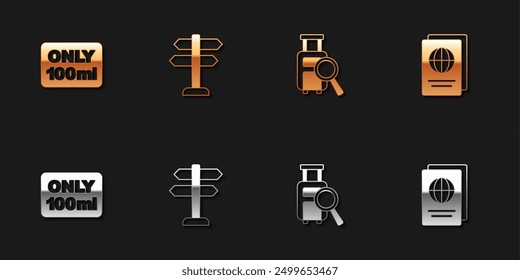 Set Liquids in carry-on baggage, Road traffic sign, Lost and Passport icon. Vector