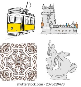 Set Of Lisbon Drawings. Hand Drawn Vector Sketches From Lisboa. Tram, Belem Tower, Statue And Pattern.