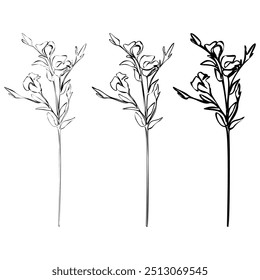 Conjunto de Lisianthus dibujo de línea continua. Ramos florales en blanco y negro. Página para colorear de flores. Arte de línea floral. Ilustración de lirios de línea fina. Flores dibujadas a mano. Colorante botánico. 