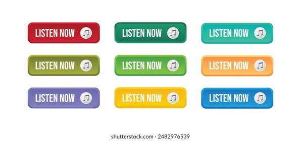 Set of listen now button with music note icon isolated on white background. listen now with colorful gradient for for UI UX website, mobile app, music app, play button, media, music