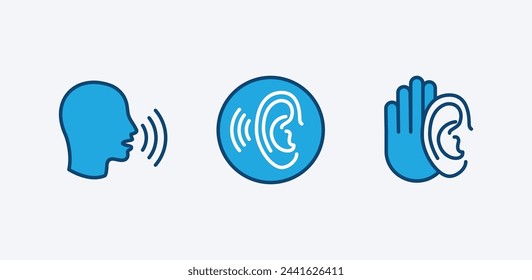 Set of listening and speaking icon. Containing talking, ear with sound wave, hearing, communication. Vector illustration