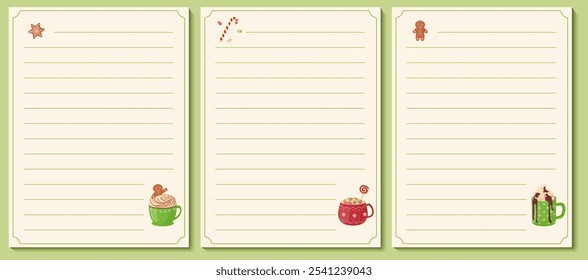 Set of lists of cookbook template list for recipes, note on cooking and ingredients. Vector illustration. 