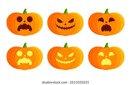 Conjunto de abóboras jack-o'-lantern iluminadas e sem iluminação com faces chocadas, sinistras e assustadas. Ilustração de vetor plano isolada em fundo branco. Conceito de decoração de Halloween