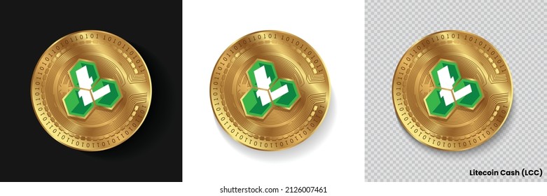 Set of Litecoin Cash LCC crypto currency logo symbol vector isolated on white, dark and transparent background. Can be used as golden coin sticker, icon, label, badge, print design and emblem