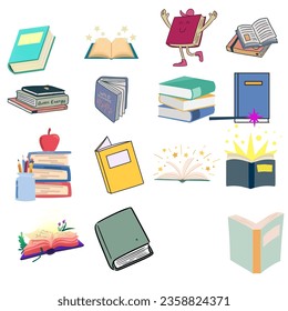 Conjunto de literatura, diccionarios, enciclopedias, planificadores Vector de Libros. Ilustración vectorial plana de color aislada en fondo blanco.