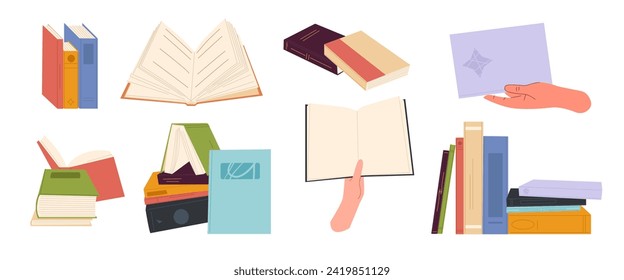 Set of literature, dictionaries, encyclopedias, planners with bookmarks. Stacks of books for reading, pile of textbooks for education. Book festival and fair concept. Flat vector illustration