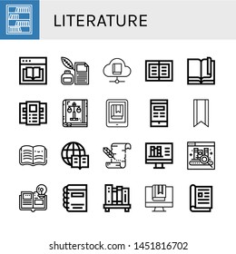 Set of literature icons such as Bookcase, Ebook, Quill, Book, Brochure, Law book, Bookmark, Open book, Encyclopedia, Parchment, Online library, Bookshelf, Magazine 