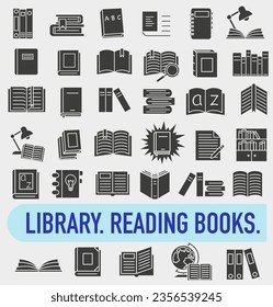 A set of literature in the library. Dark full icons of books and textbooks. Library. Vector illustration. EPS 10.