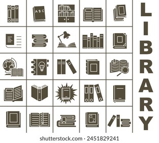 A set of literature in the library. Dark full icons of books and textbooks. Library.  EPS 10.