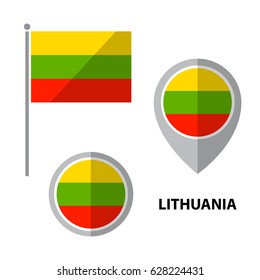 Set of Lithuania flag and map pointer icon. Design elements for stickers or flyers. Flat design.