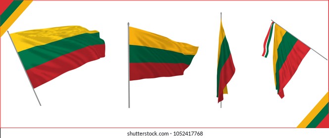 Set of Lithuania state waving flag in solemn or proud style. Vector illustration.