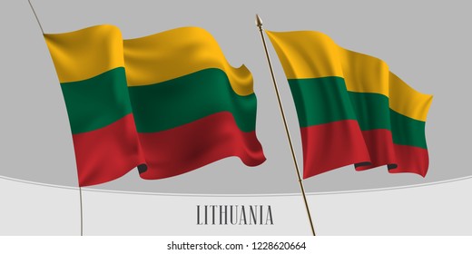 Set of Lithuania waving flag on isolated background vector illustration. Red green colors of  Lithuanian wavy realistic flag as a patriotic symbol 