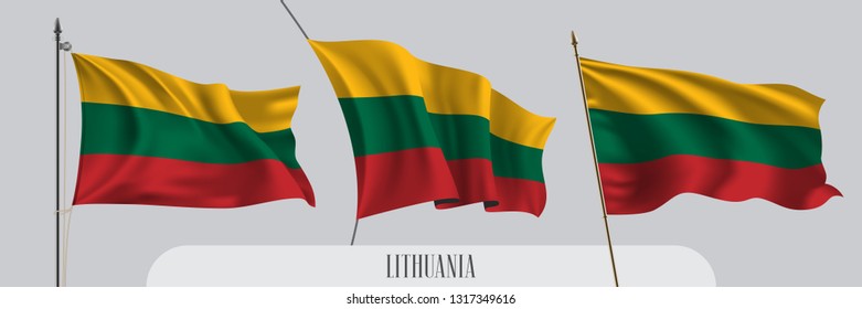 Set of Lithuania waving flag on isolated background vector illustration. 3 red green Lithuanian wavy realistic flag as a patriotic symbol 