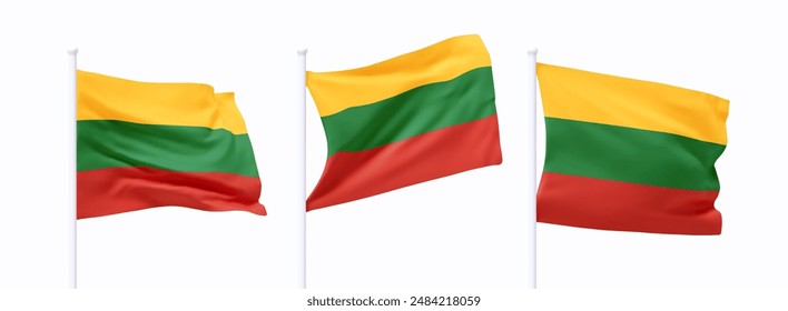 Set of Lithuania waving flag on flagpole. Realistic 3d design flag flies on the wind on isolated white background. vector illustration