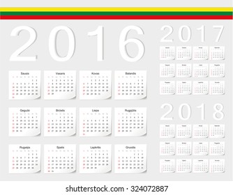 Set of Lithuanian 2016, 2017, 2018 vector calendars with shadow angles. Week starts from Sunday.