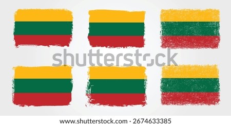 Set of Lithuanian flags featuring yellow, green, and red horizontal stripes, illustrated in various grunge brush stroke styles.

