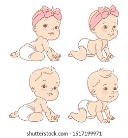 Set with little baby boy and girl in diaper, sit, crawl. Active baby of age of 6-12 months learn to crawl. First year of child milestone. Baby growth. Healthy baby play. Color vector illustration.