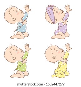 Set  Of Little Baby In Diaper Sit, Pull Hand Up. Active Baby Boy, Girl Of Age Of 6-12 Months Reaching For The Toy. First Year Of Child. Baby Growth. Healthy Baby Play. Color Vector Illustration.